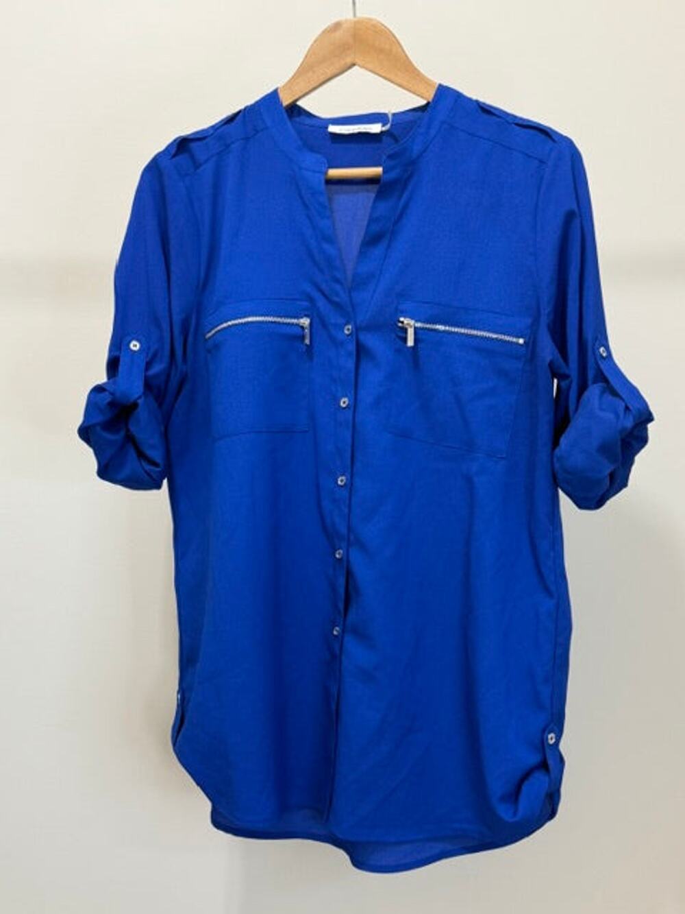 Calvin Klein Royal Blue Zip‑Pocket Roll‑Tab Blouse SzL